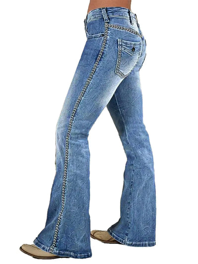 Flamingals Boot Cut Jeans for Women Embroidery Mid Waist